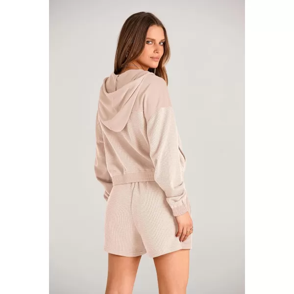 imagePRETTYGARDEN Womens 2023 Fall Two Piece Outfits Waffle Knit Tracksuit Long Sleeve Zip Up Hoodie And Shorts Set Y2K SweatsuitBeige