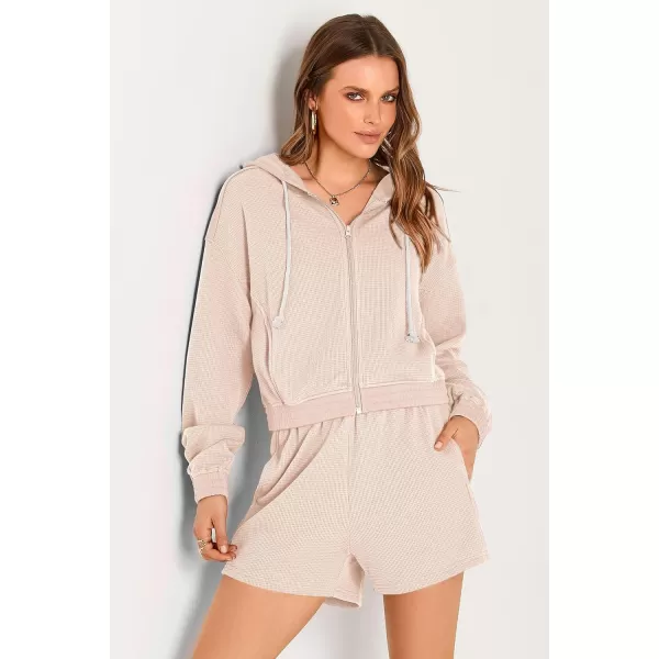 imagePRETTYGARDEN Womens 2023 Fall Two Piece Outfits Waffle Knit Tracksuit Long Sleeve Zip Up Hoodie And Shorts Set Y2K SweatsuitBeige