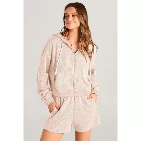 imagePRETTYGARDEN Womens 2023 Fall Two Piece Outfits Waffle Knit Tracksuit Long Sleeve Zip Up Hoodie And Shorts Set Y2K SweatsuitBeige