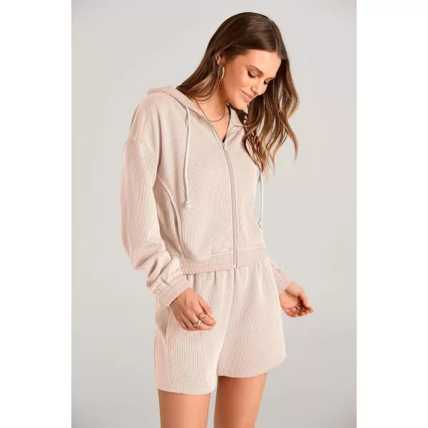 imagePRETTYGARDEN Womens 2023 Fall Two Piece Outfits Waffle Knit Tracksuit Long Sleeve Zip Up Hoodie And Shorts Set Y2K SweatsuitBeige