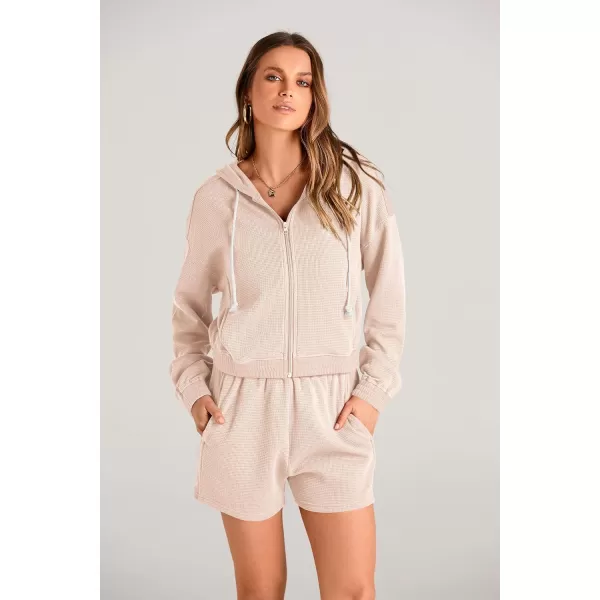imagePRETTYGARDEN Womens 2023 Fall Two Piece Outfits Waffle Knit Tracksuit Long Sleeve Zip Up Hoodie And Shorts Set Y2K SweatsuitBeige