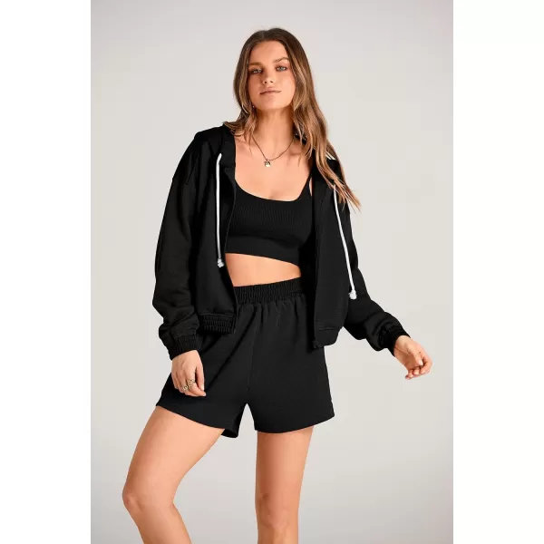 imagePRETTYGARDEN Womens 2023 Fall Two Piece Outfits Waffle Knit Tracksuit Long Sleeve Zip Up Hoodie And Shorts Set Y2K SweatsuitBlack
