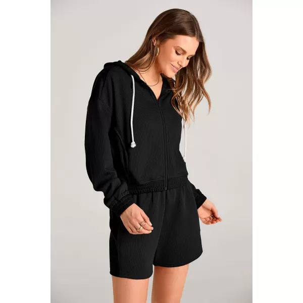 imagePRETTYGARDEN Womens 2023 Fall Two Piece Outfits Waffle Knit Tracksuit Long Sleeve Zip Up Hoodie And Shorts Set Y2K SweatsuitBlack