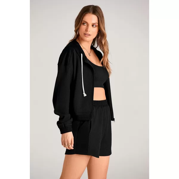 imagePRETTYGARDEN Womens 2023 Fall Two Piece Outfits Waffle Knit Tracksuit Long Sleeve Zip Up Hoodie And Shorts Set Y2K SweatsuitBlack