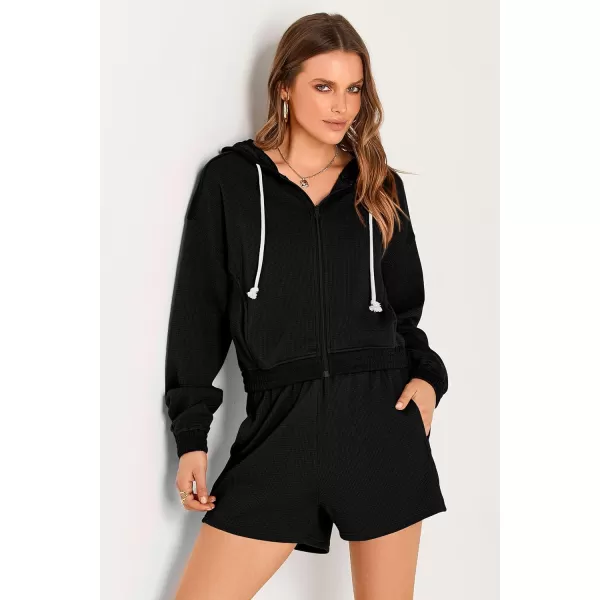 imagePRETTYGARDEN Womens 2023 Fall Two Piece Outfits Waffle Knit Tracksuit Long Sleeve Zip Up Hoodie And Shorts Set Y2K SweatsuitBlack