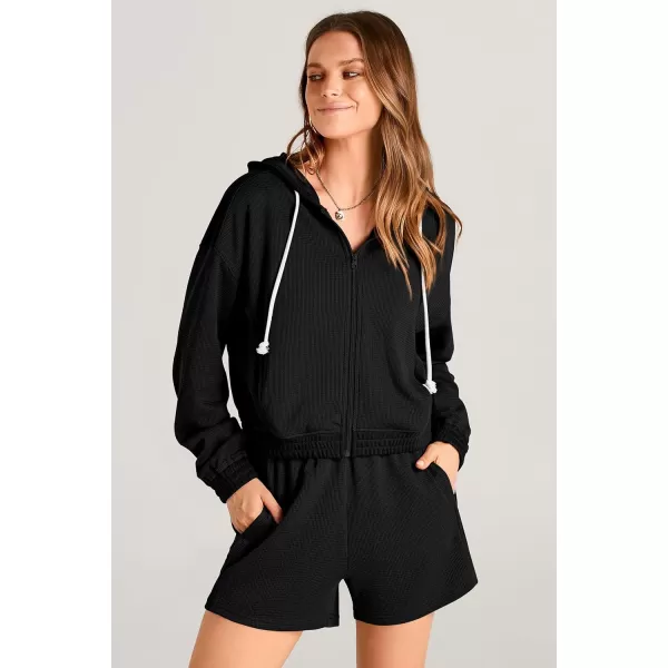 imagePRETTYGARDEN Womens 2023 Fall Two Piece Outfits Waffle Knit Tracksuit Long Sleeve Zip Up Hoodie And Shorts Set Y2K SweatsuitBlack