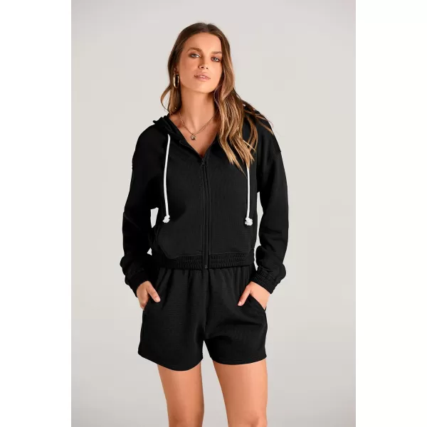 imagePRETTYGARDEN Womens 2023 Fall Two Piece Outfits Waffle Knit Tracksuit Long Sleeve Zip Up Hoodie And Shorts Set Y2K SweatsuitBlack