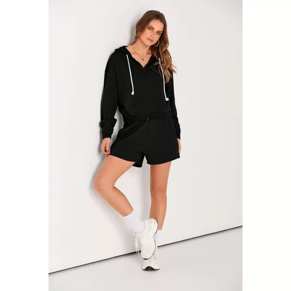 imagePRETTYGARDEN Womens 2023 Fall Two Piece Outfits Waffle Knit Tracksuit Long Sleeve Zip Up Hoodie And Shorts Set Y2K SweatsuitBlack