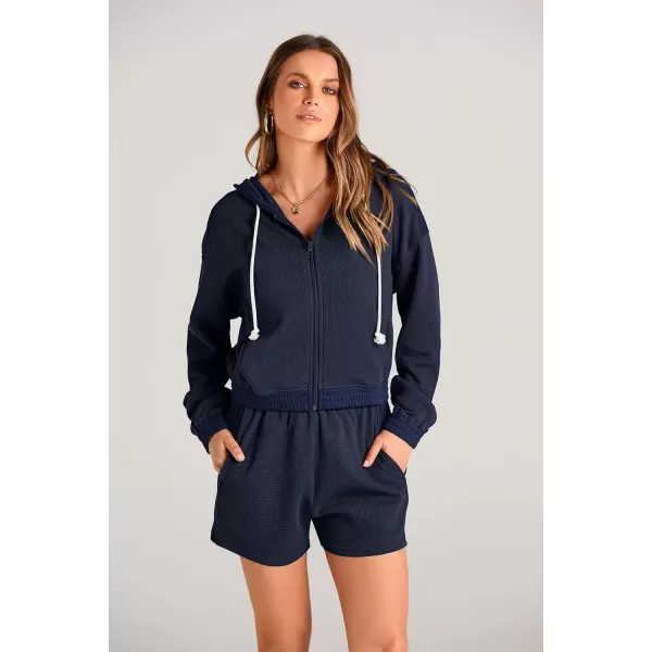 imagePRETTYGARDEN Womens 2023 Fall Two Piece Outfits Waffle Knit Tracksuit Long Sleeve Zip Up Hoodie And Shorts Set Y2K SweatsuitDark Blue