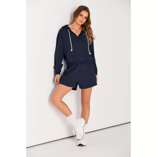 imagePRETTYGARDEN Womens 2023 Fall Two Piece Outfits Waffle Knit Tracksuit Long Sleeve Zip Up Hoodie And Shorts Set Y2K SweatsuitDark Blue