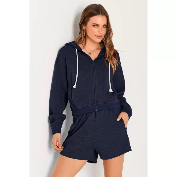 imagePRETTYGARDEN Womens 2023 Fall Two Piece Outfits Waffle Knit Tracksuit Long Sleeve Zip Up Hoodie And Shorts Set Y2K SweatsuitDark Blue