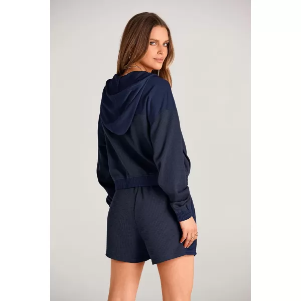 imagePRETTYGARDEN Womens 2023 Fall Two Piece Outfits Waffle Knit Tracksuit Long Sleeve Zip Up Hoodie And Shorts Set Y2K SweatsuitDark Blue