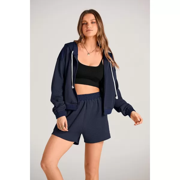 imagePRETTYGARDEN Womens 2023 Fall Two Piece Outfits Waffle Knit Tracksuit Long Sleeve Zip Up Hoodie And Shorts Set Y2K SweatsuitDark Blue
