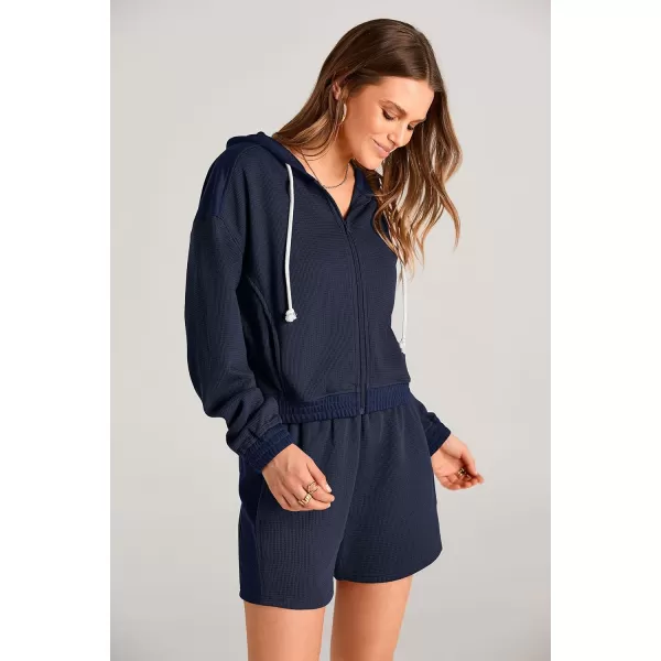 imagePRETTYGARDEN Womens 2023 Fall Two Piece Outfits Waffle Knit Tracksuit Long Sleeve Zip Up Hoodie And Shorts Set Y2K SweatsuitDark Blue