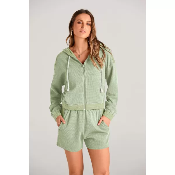 imagePRETTYGARDEN Womens 2023 Fall Two Piece Outfits Waffle Knit Tracksuit Long Sleeve Zip Up Hoodie And Shorts Set Y2K SweatsuitLight Green