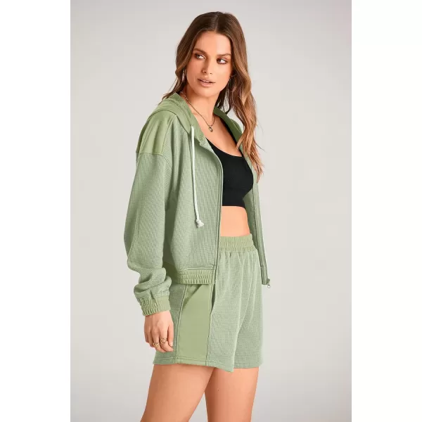 imagePRETTYGARDEN Womens 2023 Fall Two Piece Outfits Waffle Knit Tracksuit Long Sleeve Zip Up Hoodie And Shorts Set Y2K SweatsuitLight Green