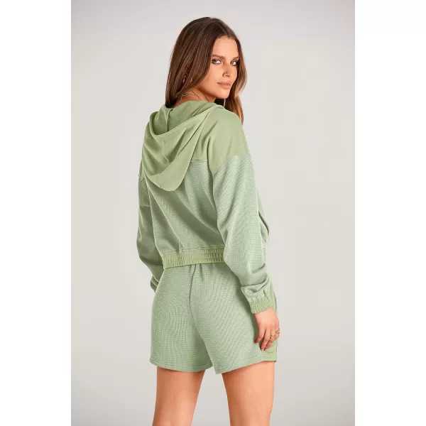 imagePRETTYGARDEN Womens 2023 Fall Two Piece Outfits Waffle Knit Tracksuit Long Sleeve Zip Up Hoodie And Shorts Set Y2K SweatsuitLight Green