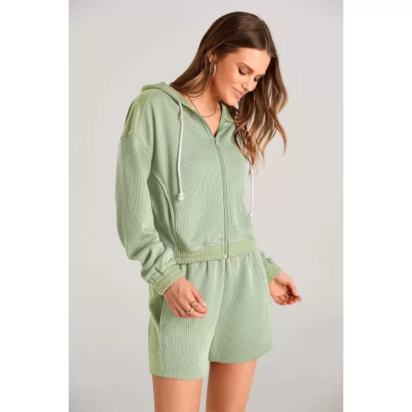 imagePRETTYGARDEN Womens 2023 Fall Two Piece Outfits Waffle Knit Tracksuit Long Sleeve Zip Up Hoodie And Shorts Set Y2K SweatsuitLight Green