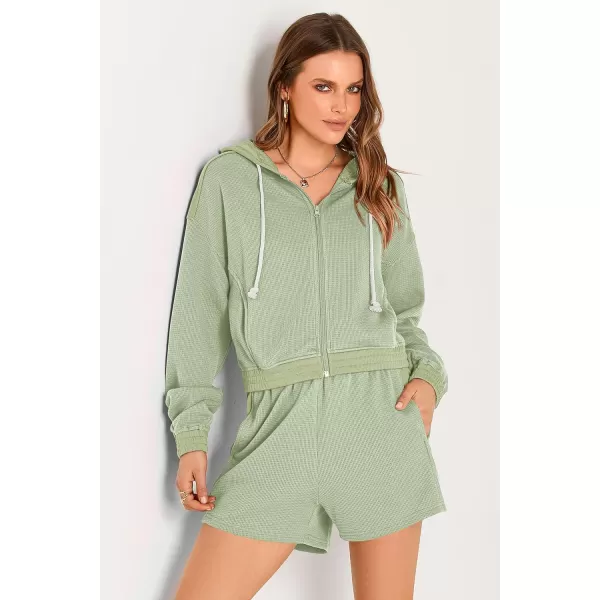 imagePRETTYGARDEN Womens 2023 Fall Two Piece Outfits Waffle Knit Tracksuit Long Sleeve Zip Up Hoodie And Shorts Set Y2K SweatsuitLight Green