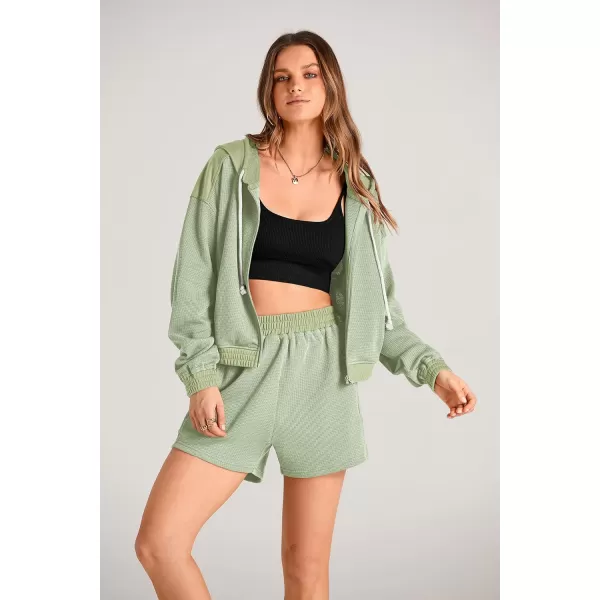 imagePRETTYGARDEN Womens 2023 Fall Two Piece Outfits Waffle Knit Tracksuit Long Sleeve Zip Up Hoodie And Shorts Set Y2K SweatsuitLight Green