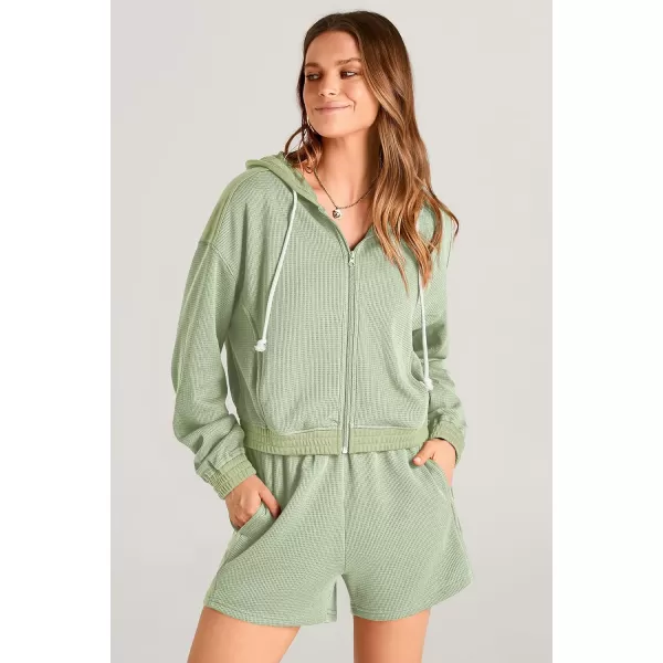 imagePRETTYGARDEN Womens 2023 Fall Two Piece Outfits Waffle Knit Tracksuit Long Sleeve Zip Up Hoodie And Shorts Set Y2K SweatsuitLight Green