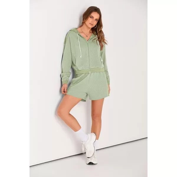 imagePRETTYGARDEN Womens 2023 Fall Two Piece Outfits Waffle Knit Tracksuit Long Sleeve Zip Up Hoodie And Shorts Set Y2K SweatsuitLight Green