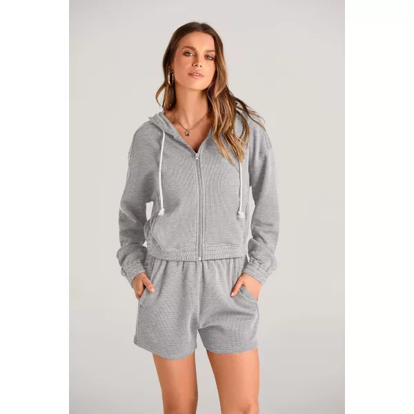 imagePRETTYGARDEN Womens 2023 Fall Two Piece Outfits Waffle Knit Tracksuit Long Sleeve Zip Up Hoodie And Shorts Set Y2K SweatsuitLight Grey