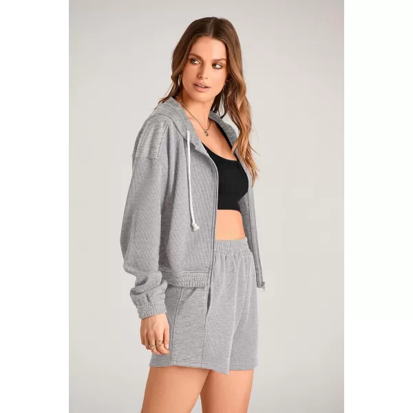 imagePRETTYGARDEN Womens 2023 Fall Two Piece Outfits Waffle Knit Tracksuit Long Sleeve Zip Up Hoodie And Shorts Set Y2K SweatsuitLight Grey