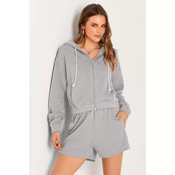 imagePRETTYGARDEN Womens 2023 Fall Two Piece Outfits Waffle Knit Tracksuit Long Sleeve Zip Up Hoodie And Shorts Set Y2K SweatsuitLight Grey