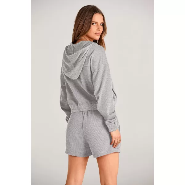 imagePRETTYGARDEN Womens 2023 Fall Two Piece Outfits Waffle Knit Tracksuit Long Sleeve Zip Up Hoodie And Shorts Set Y2K SweatsuitLight Grey