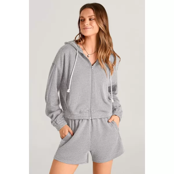 imagePRETTYGARDEN Womens 2023 Fall Two Piece Outfits Waffle Knit Tracksuit Long Sleeve Zip Up Hoodie And Shorts Set Y2K SweatsuitLight Grey