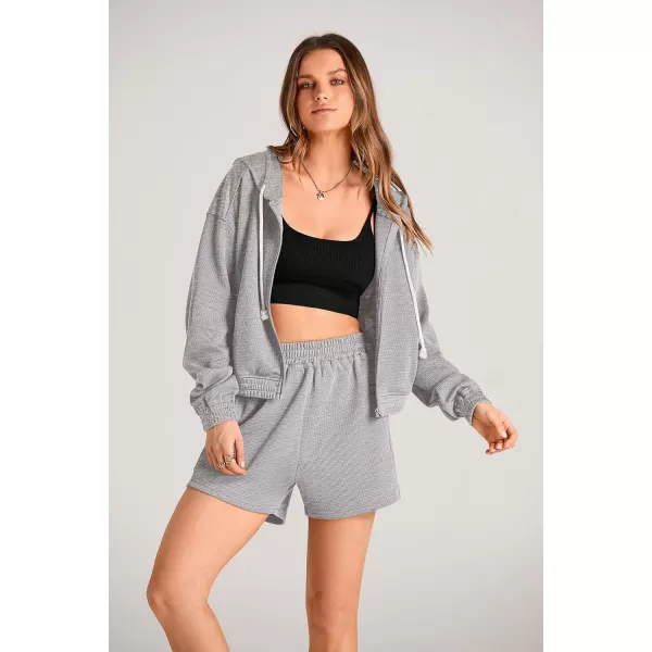 imagePRETTYGARDEN Womens 2023 Fall Two Piece Outfits Waffle Knit Tracksuit Long Sleeve Zip Up Hoodie And Shorts Set Y2K SweatsuitLight Grey