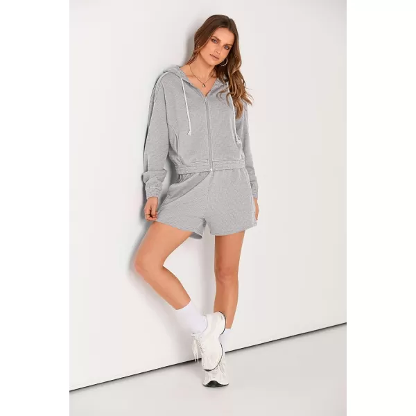 imagePRETTYGARDEN Womens 2023 Fall Two Piece Outfits Waffle Knit Tracksuit Long Sleeve Zip Up Hoodie And Shorts Set Y2K SweatsuitLight Grey