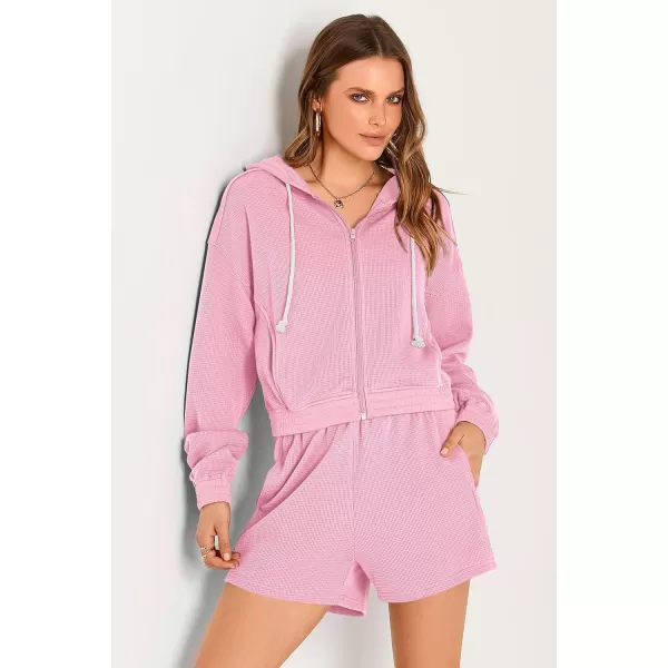 imagePRETTYGARDEN Womens 2023 Fall Two Piece Outfits Waffle Knit Tracksuit Long Sleeve Zip Up Hoodie And Shorts Set Y2K SweatsuitLight Pink