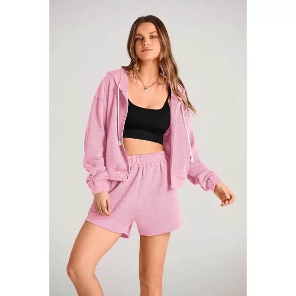 imagePRETTYGARDEN Womens 2023 Fall Two Piece Outfits Waffle Knit Tracksuit Long Sleeve Zip Up Hoodie And Shorts Set Y2K SweatsuitLight Pink