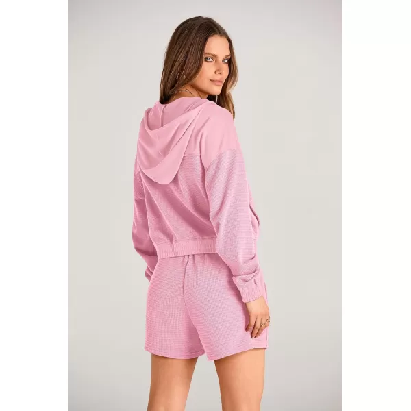 imagePRETTYGARDEN Womens 2023 Fall Two Piece Outfits Waffle Knit Tracksuit Long Sleeve Zip Up Hoodie And Shorts Set Y2K SweatsuitLight Pink