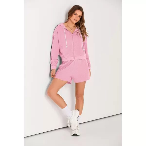 imagePRETTYGARDEN Womens 2023 Fall Two Piece Outfits Waffle Knit Tracksuit Long Sleeve Zip Up Hoodie And Shorts Set Y2K SweatsuitLight Pink