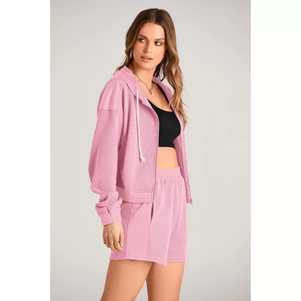 imagePRETTYGARDEN Womens 2023 Fall Two Piece Outfits Waffle Knit Tracksuit Long Sleeve Zip Up Hoodie And Shorts Set Y2K SweatsuitLight Pink