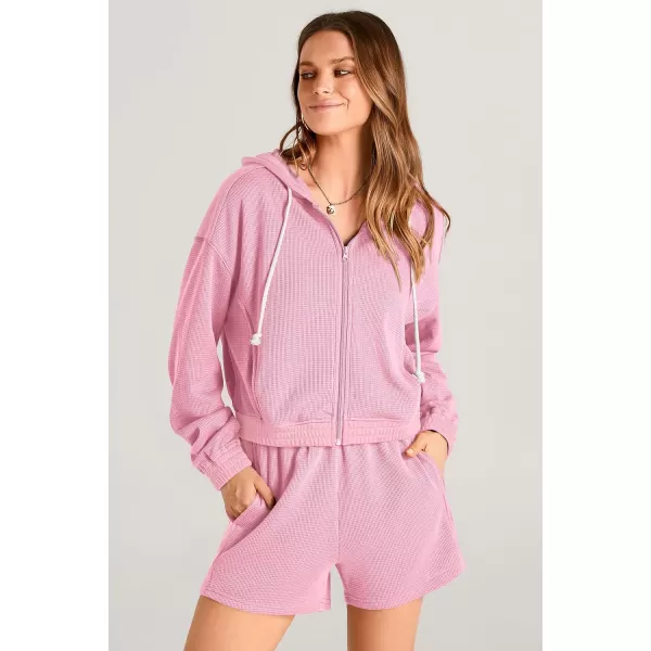 imagePRETTYGARDEN Womens 2023 Fall Two Piece Outfits Waffle Knit Tracksuit Long Sleeve Zip Up Hoodie And Shorts Set Y2K SweatsuitLight Pink