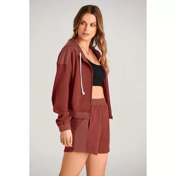 imagePRETTYGARDEN Womens 2023 Fall Two Piece Outfits Waffle Knit Tracksuit Long Sleeve Zip Up Hoodie And Shorts Set Y2K SweatsuitOrange