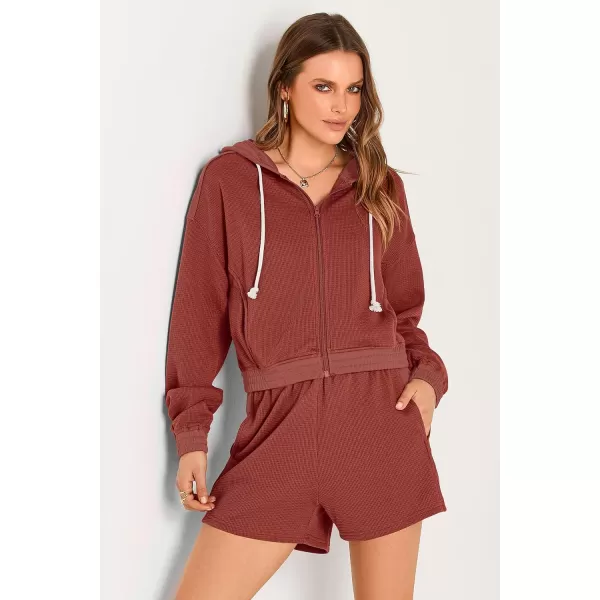imagePRETTYGARDEN Womens 2023 Fall Two Piece Outfits Waffle Knit Tracksuit Long Sleeve Zip Up Hoodie And Shorts Set Y2K SweatsuitOrange