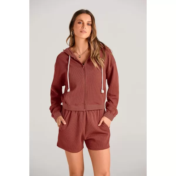 imagePRETTYGARDEN Womens 2023 Fall Two Piece Outfits Waffle Knit Tracksuit Long Sleeve Zip Up Hoodie And Shorts Set Y2K SweatsuitOrange
