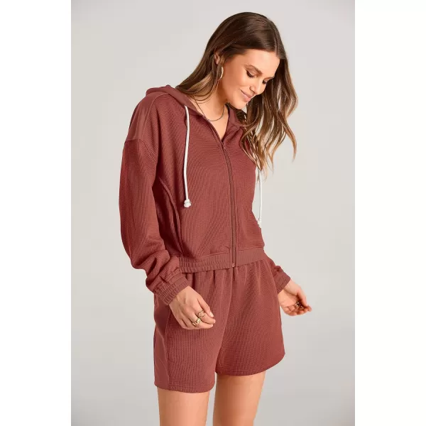 imagePRETTYGARDEN Womens 2023 Fall Two Piece Outfits Waffle Knit Tracksuit Long Sleeve Zip Up Hoodie And Shorts Set Y2K SweatsuitOrange