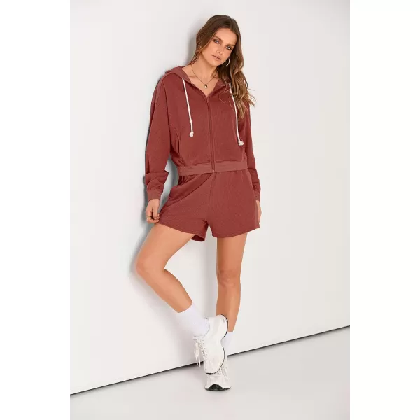 imagePRETTYGARDEN Womens 2023 Fall Two Piece Outfits Waffle Knit Tracksuit Long Sleeve Zip Up Hoodie And Shorts Set Y2K SweatsuitOrange