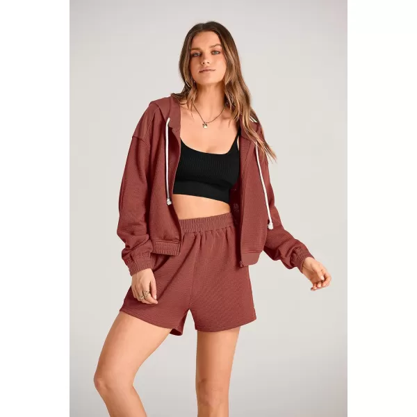 imagePRETTYGARDEN Womens 2023 Fall Two Piece Outfits Waffle Knit Tracksuit Long Sleeve Zip Up Hoodie And Shorts Set Y2K SweatsuitOrange