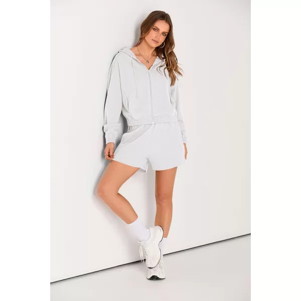 imagePRETTYGARDEN Womens 2023 Fall Two Piece Outfits Waffle Knit Tracksuit Long Sleeve Zip Up Hoodie And Shorts Set Y2K SweatsuitWhite