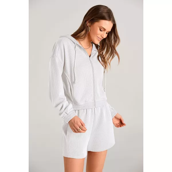 imagePRETTYGARDEN Womens 2023 Fall Two Piece Outfits Waffle Knit Tracksuit Long Sleeve Zip Up Hoodie And Shorts Set Y2K SweatsuitWhite