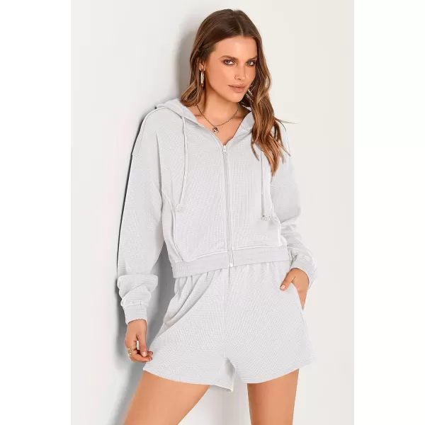 imagePRETTYGARDEN Womens 2023 Fall Two Piece Outfits Waffle Knit Tracksuit Long Sleeve Zip Up Hoodie And Shorts Set Y2K SweatsuitWhite