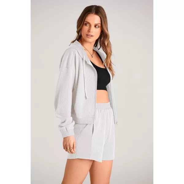 imagePRETTYGARDEN Womens 2023 Fall Two Piece Outfits Waffle Knit Tracksuit Long Sleeve Zip Up Hoodie And Shorts Set Y2K SweatsuitWhite