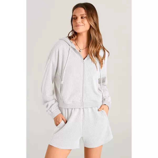 imagePRETTYGARDEN Womens 2023 Fall Two Piece Outfits Waffle Knit Tracksuit Long Sleeve Zip Up Hoodie And Shorts Set Y2K SweatsuitWhite